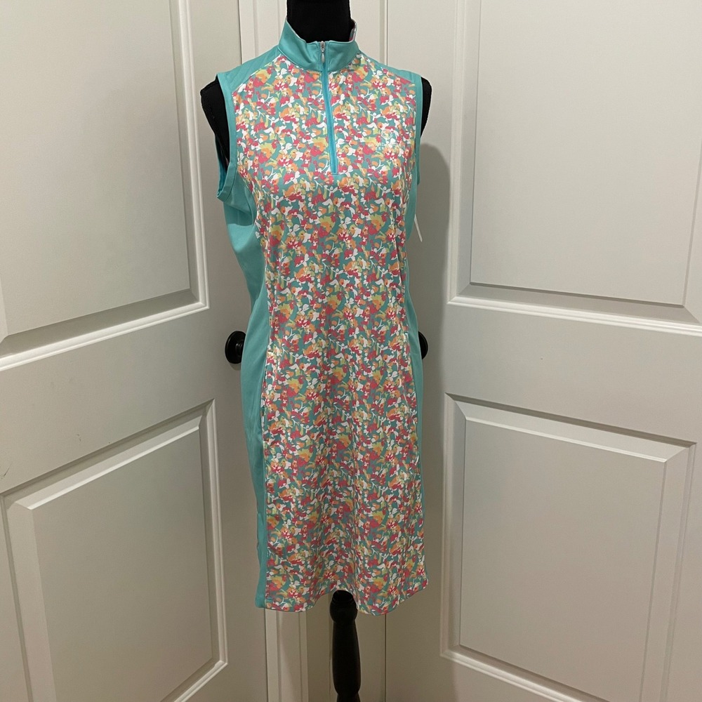 Bermuda Sands Women's Golf‎ Dress Floral Print Aqua Sleeveless Zip Neck Size S